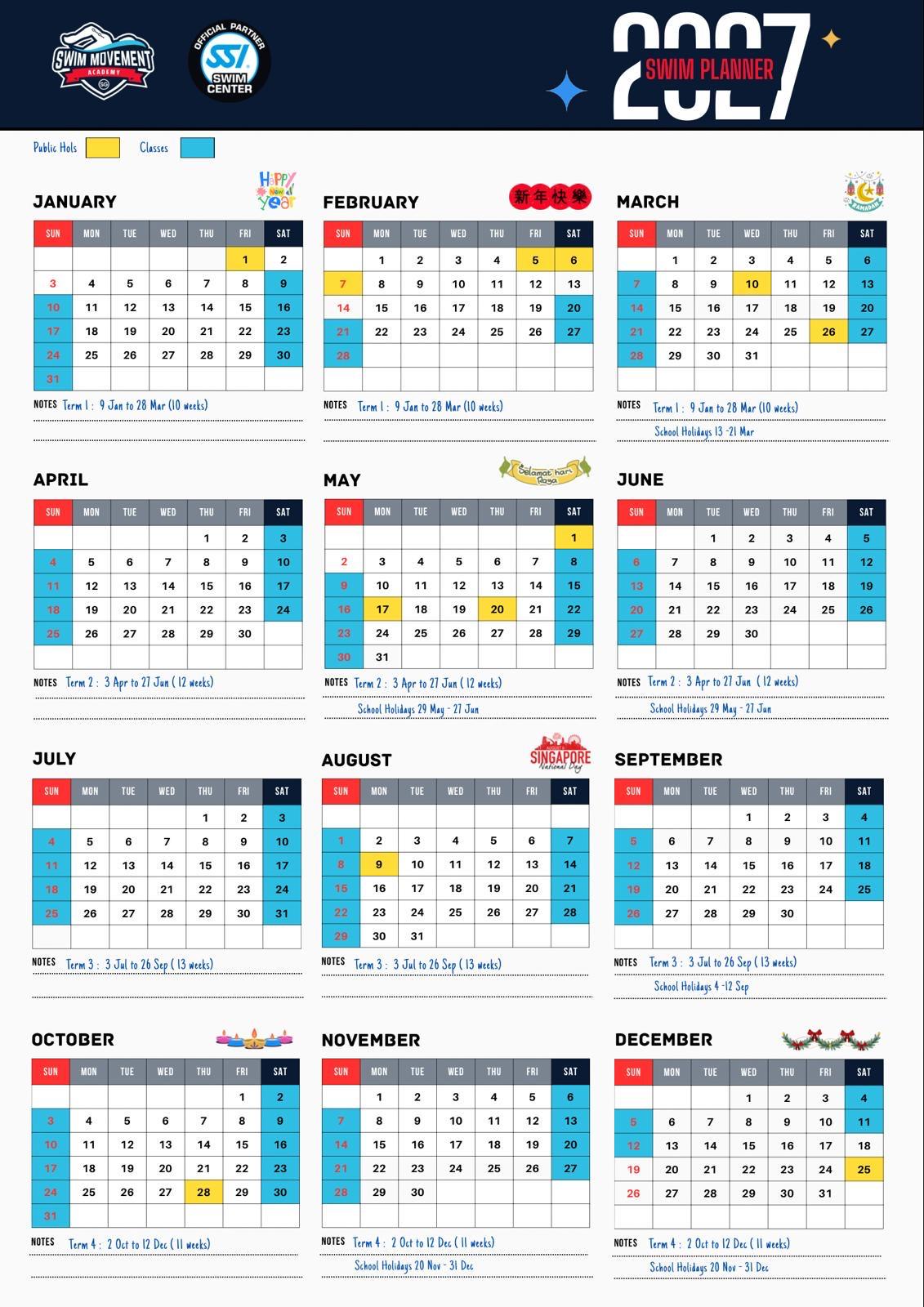 Swim Movement 2027 swim planner — a 12-month calendar with weekend class days in blue and public holidays in yellow